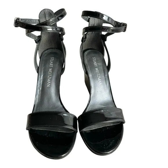 Stuart Weitzman Backdraft Patent Sandals Black Leather Single Strap Wedges Women