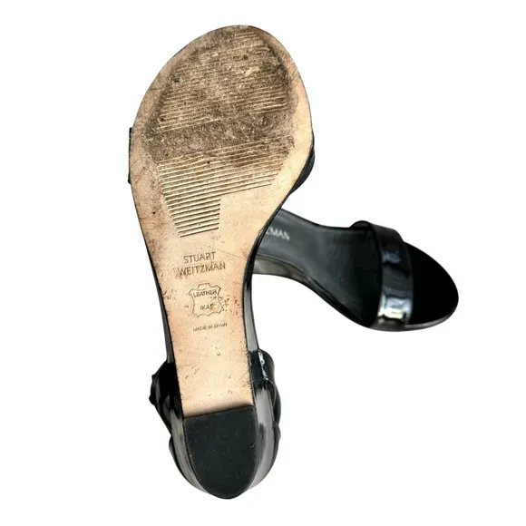 Stuart Weitzman Backdraft Patent Sandals Black Leather Single Strap Wedges Women