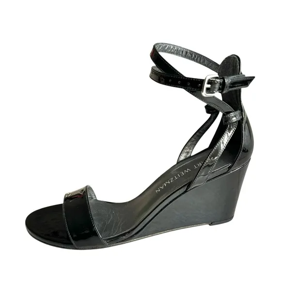 Stuart Weitzman Backdraft Patent Sandals Black Leather Single Strap Wedges Women