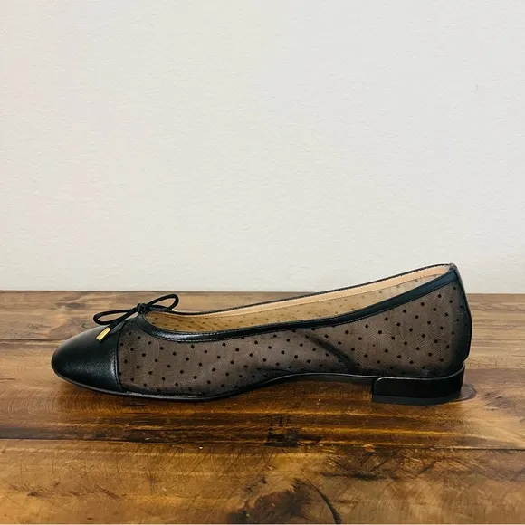 Stuart Weitzman Black Leather Pin Dot &amp; Mesh Bow Cap-Toe Ballet Flats. Size 11.