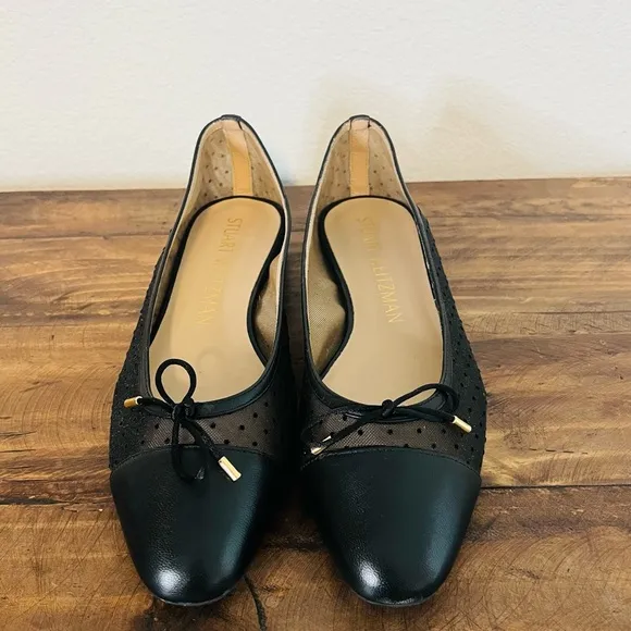 Stuart Weitzman Black Leather Pin Dot &amp; Mesh Bow Cap-Toe Ballet Flats. Size 11.