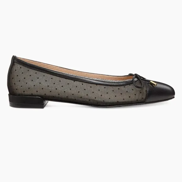 Stuart Weitzman Black Leather Pin Dot &amp; Mesh Bow Cap-Toe Ballet Flats. Size 11.