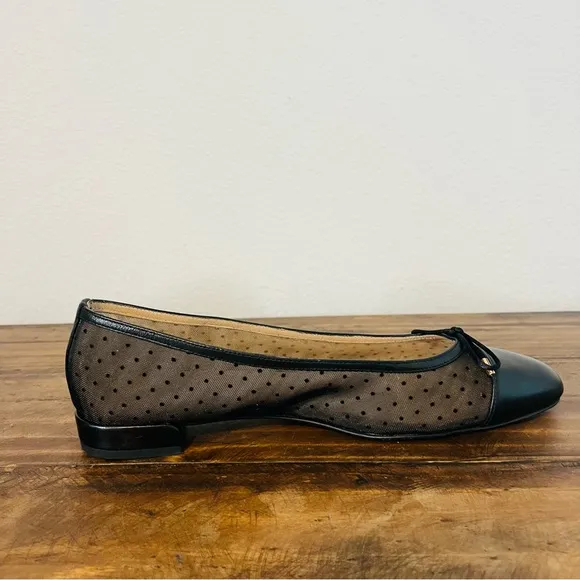 Stuart Weitzman Black Leather Pin Dot &amp; Mesh Bow Cap-Toe Ballet Flats. Size 11.