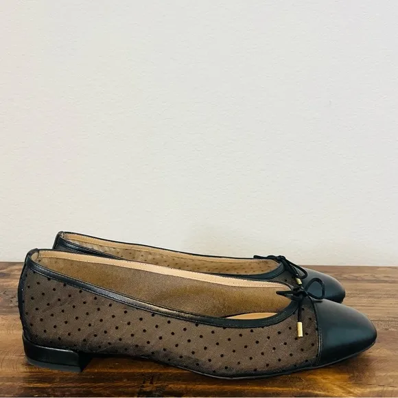 Stuart Weitzman Black Leather Pin Dot &amp; Mesh Bow Cap-Toe Ballet Flats. Size 11.