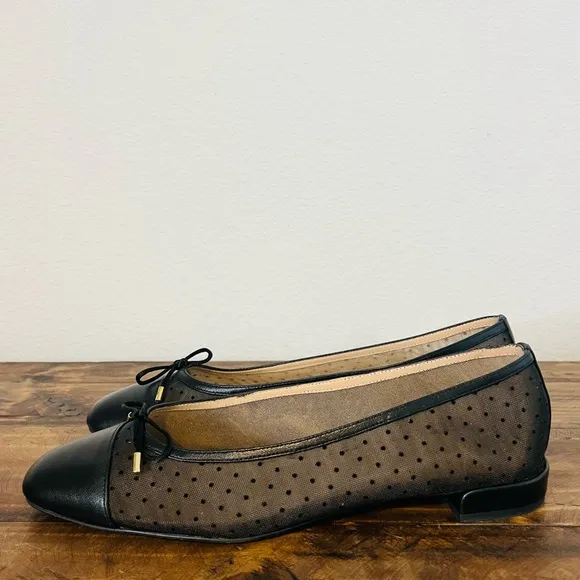 Stuart Weitzman Black Leather Pin Dot &amp; Mesh Bow Cap-Toe Ballet Flats. Size 11.