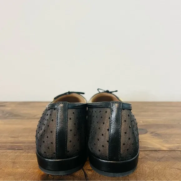 Stuart Weitzman Black Leather Pin Dot &amp; Mesh Bow Cap-Toe Ballet Flats. Size 11.
