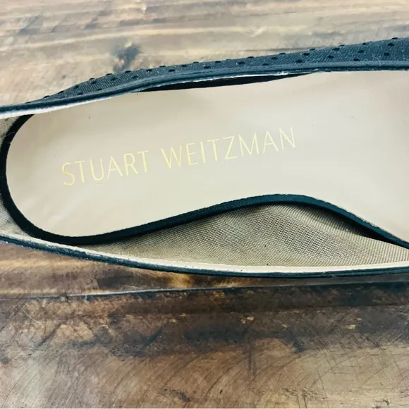 Stuart Weitzman Black Leather Pin Dot &amp; Mesh Bow Cap-Toe Ballet Flats. Size 11.