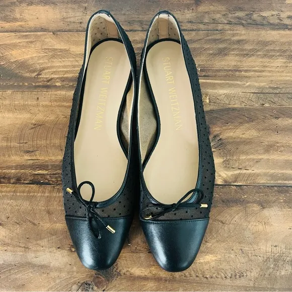 Stuart Weitzman Black Leather Pin Dot &amp; Mesh Bow Cap-Toe Ballet Flats. Size 11.