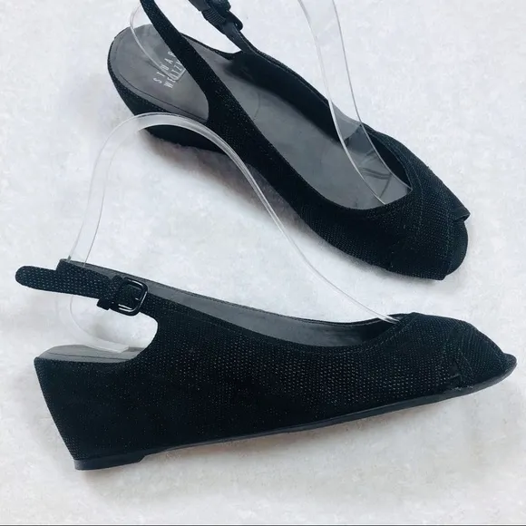 Stuart Weitzman black peep toe wedge sandals sz 8