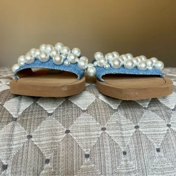 Stuart Weitzman Blue Denim Slide Flat Slip On Sandal Shoes w/ Pearls Women 5 B