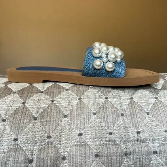 Stuart Weitzman Blue Denim Slide Flat Slip On Sandal Shoes w/ Pearls Women 5 B
