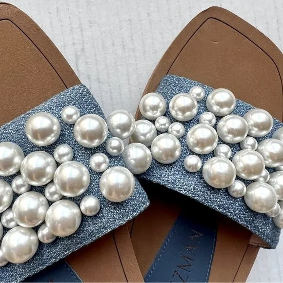 Stuart Weitzman Blue Denim Slide Flat Slip On Sandal Shoes w/ Pearls Women 5 B