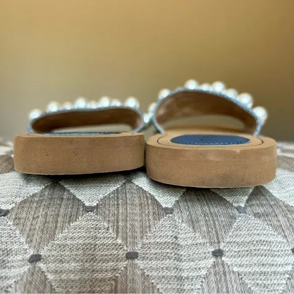 Stuart Weitzman Blue Denim Slide Flat Slip On Sandal Shoes w/ Pearls Women 5 B