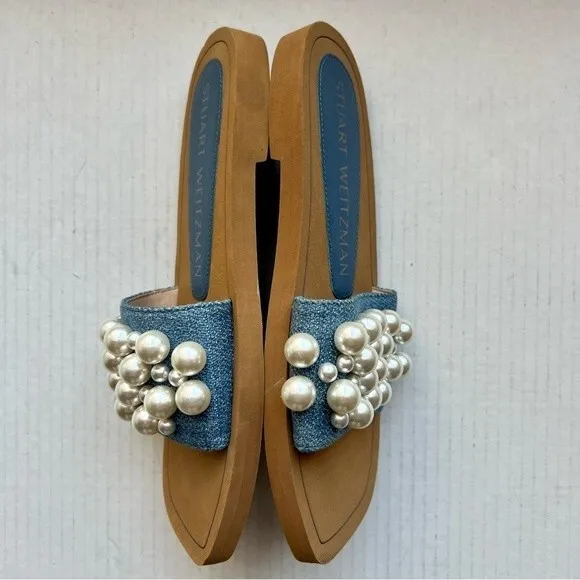 Stuart Weitzman Blue Denim Slide Flat Slip On Sandal Shoes w/ Pearls Women 5 B