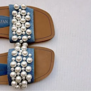 Stuart Weitzman Blue Denim Slide Flat Slip On Sandal Shoes w/ Pearls Women 5 B