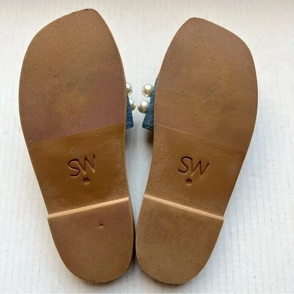 Stuart Weitzman Blue Denim Slide Flat Slip On Sandal Shoes w/ Pearls Women 5 B