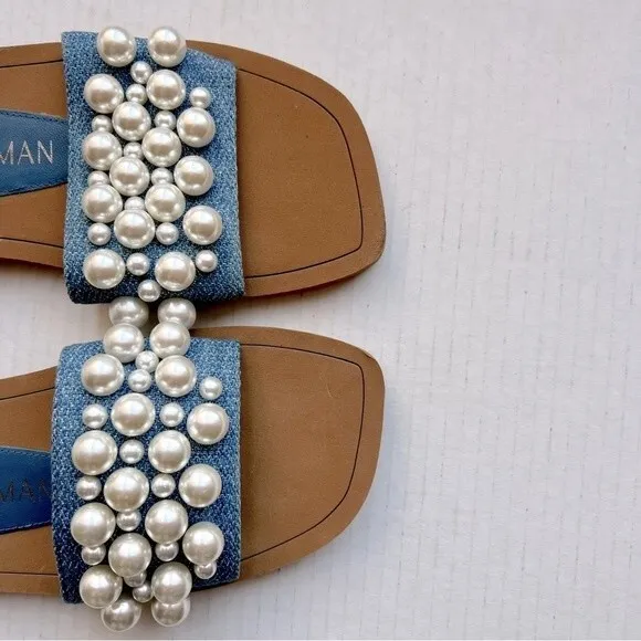 Stuart Weitzman Blue Denim Slide Flat Slip On Sandal Shoes w/ Pearls Women 5 B