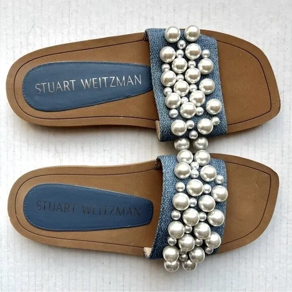 Stuart Weitzman Blue Denim Slide Flat Slip On Sandal Shoes w/ Pearls Women 5 B