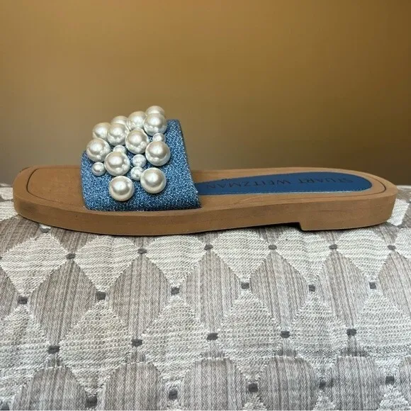 Stuart Weitzman Blue Denim Slide Flat Slip On Sandal Shoes w/ Pearls Women 5 B