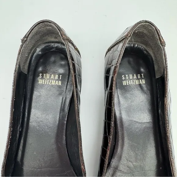 Stuart Weitzman Brown Leather Croc Embossed Pointed Toe Flats Size 8 M