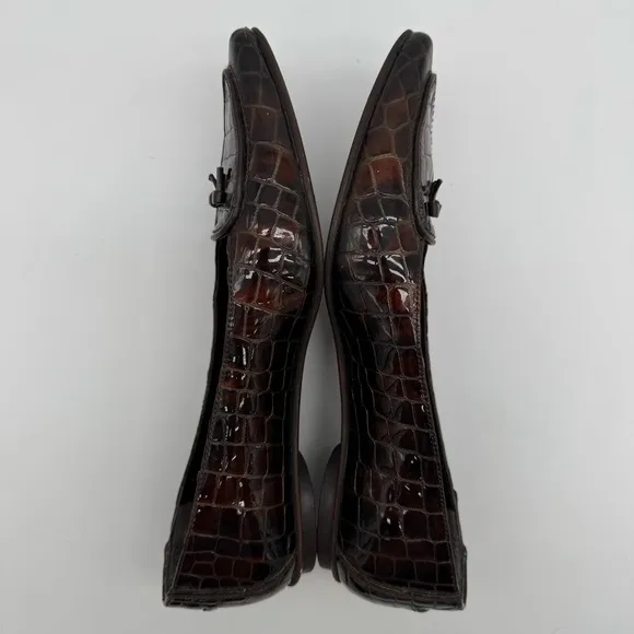 Stuart Weitzman Brown Leather Croc Embossed Pointed Toe Flats Size 8 M