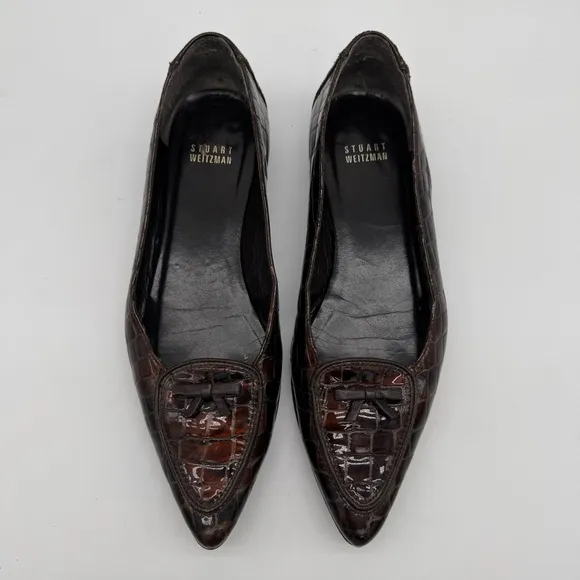 Stuart Weitzman Brown Leather Croc Embossed Pointed Toe Flats Size 8 M