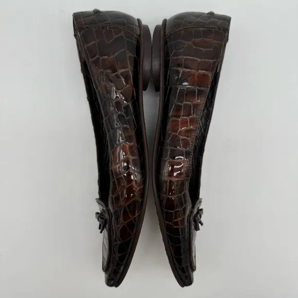 Stuart Weitzman Brown Leather Croc Embossed Pointed Toe Flats Size 8 M