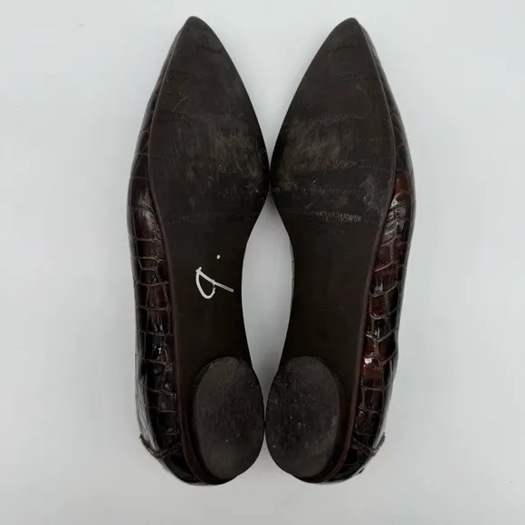 Stuart Weitzman Brown Leather Croc Embossed Pointed Toe Flats Size 8 M