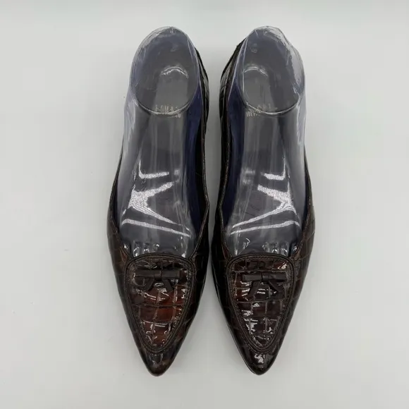 Stuart Weitzman Brown Leather Croc Embossed Pointed Toe Flats Size 8 M