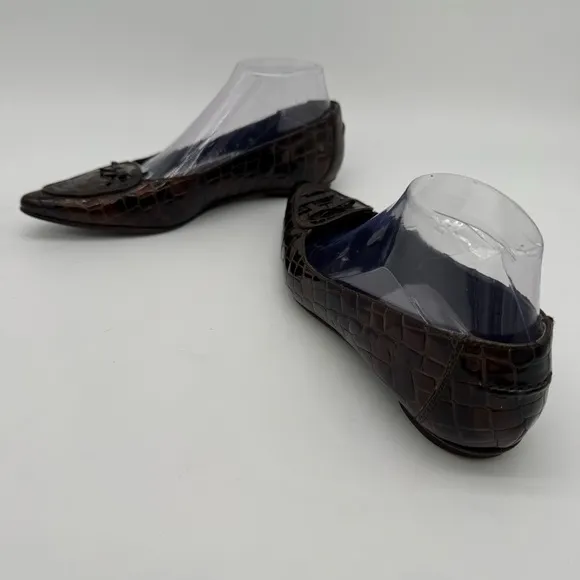 Stuart Weitzman Brown Leather Croc Embossed Pointed Toe Flats Size 8 M