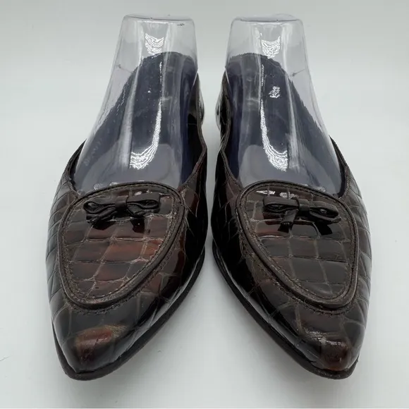 Stuart Weitzman Brown Leather Croc Embossed Pointed Toe Flats Size 8 M