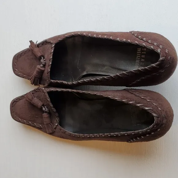 Stuart Weitzman Brown Suede Square Pointed Toe Tassel Kitten Heel Loafers 9