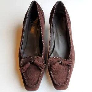Stuart Weitzman Brown Suede Square Pointed Toe Tassel Kitten Heel Loafers 9