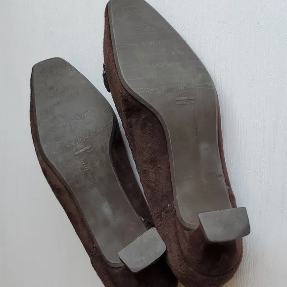 Stuart Weitzman Brown Suede Square Pointed Toe Tassel Kitten Heel Loafers 9