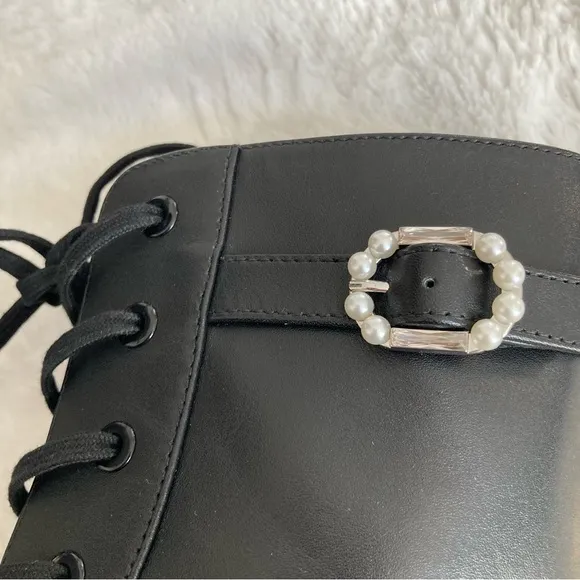 Stuart Weitzman Dazzle leather ankle combat boots pearl accent size 7.5