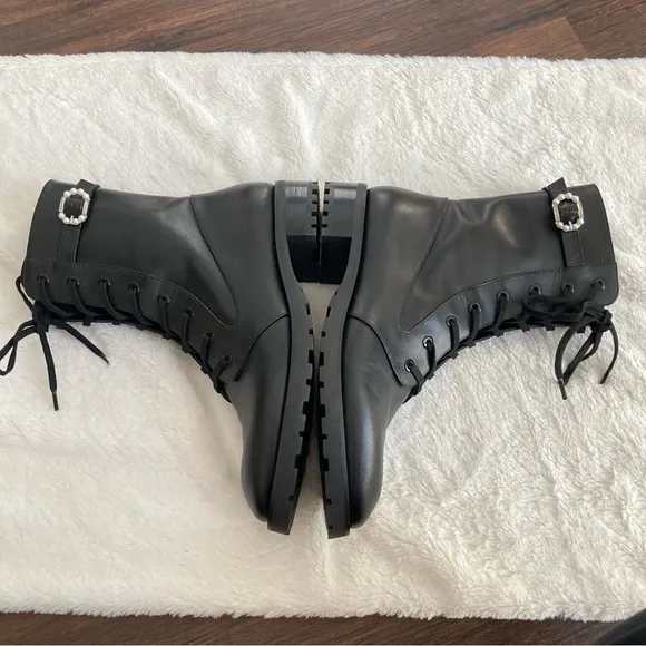 Stuart Weitzman Dazzle leather ankle combat boots pearl accent size 7.5