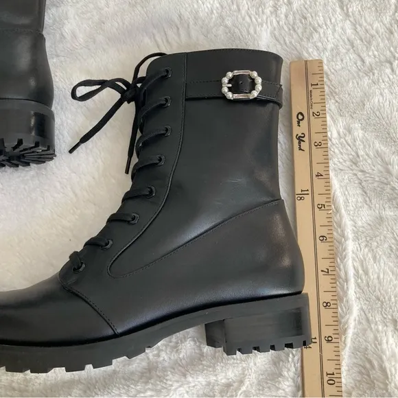 Stuart Weitzman Dazzle leather ankle combat boots pearl accent size 7.5