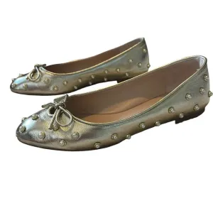 Stuart Weitzman Gabby Pearl Embellished Gold Leather Flats Size 8