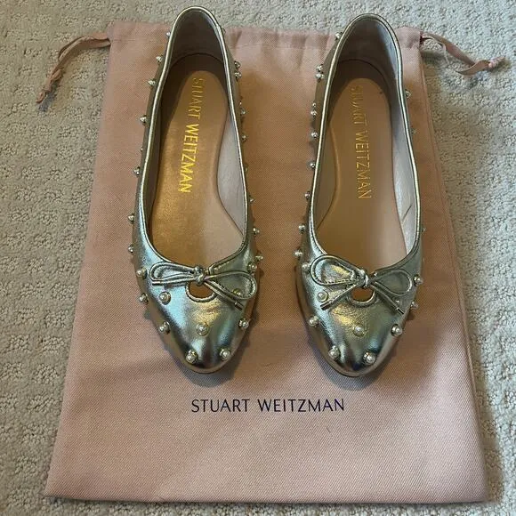 Stuart Weitzman Gabby Pearl Embellished Gold Leather Flats Size 8