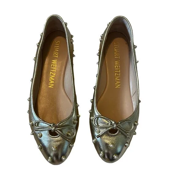 Stuart Weitzman Gabby Pearl Embellished Gold Leather Flats Size 8
