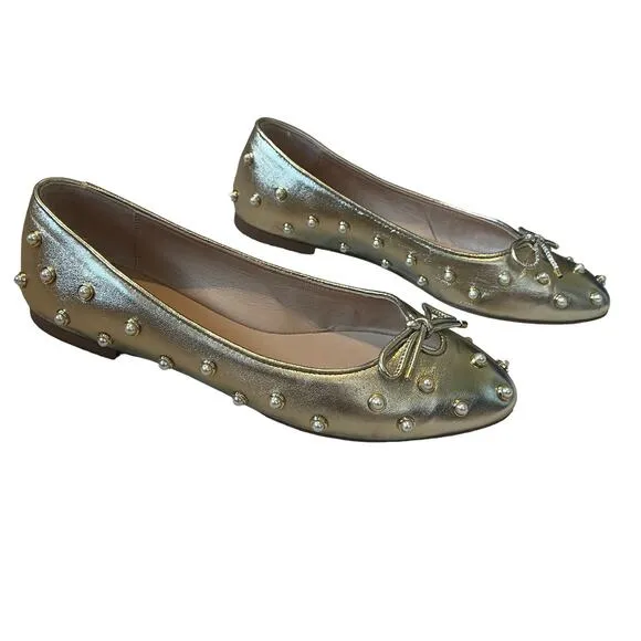 Stuart Weitzman Gabby Pearl Embellished Gold Leather Flats Size 8