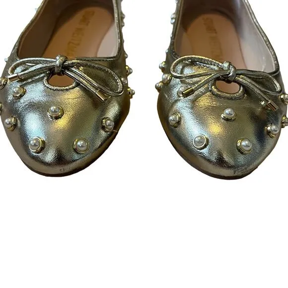 Stuart Weitzman Gabby Pearl Embellished Gold Leather Flats Size 8