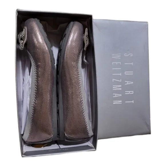 Stuart Weitzman Girl’s Size 4 Fannie Glitz Pewter Ballet Flat Bow, Rose Gold