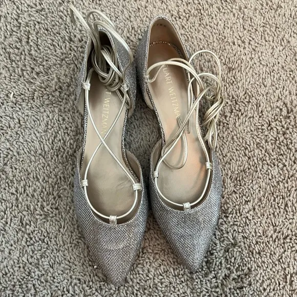 Stuart Weitzman Gold Glitter Ankle Wrap Gilligan Flats