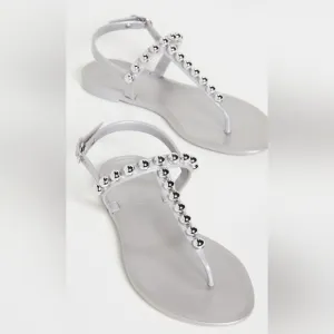 STUART WEITZMAN Goldie Metallic Bead T-Strap Jelly Sandals Size 6
