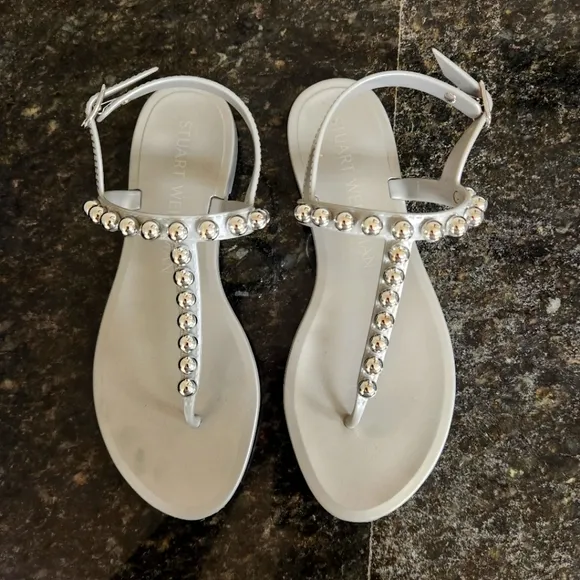 STUART WEITZMAN Goldie Metallic Bead T-Strap Jelly Sandals Size 6