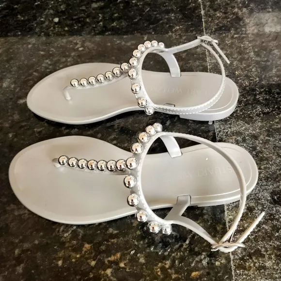 STUART WEITZMAN Goldie Metallic Bead T-Strap Jelly Sandals Size 6