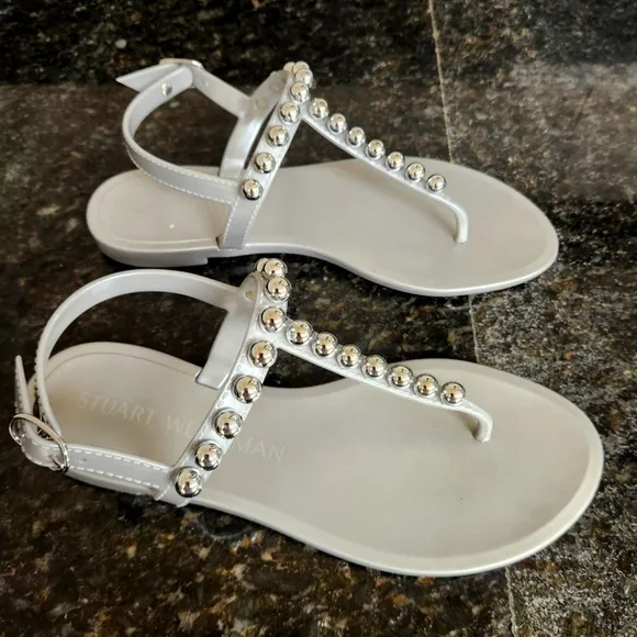 STUART WEITZMAN Goldie Metallic Bead T-Strap Jelly Sandals Size 6