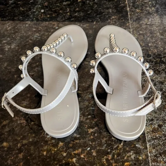 STUART WEITZMAN Goldie Metallic Bead T-Strap Jelly Sandals Size 6