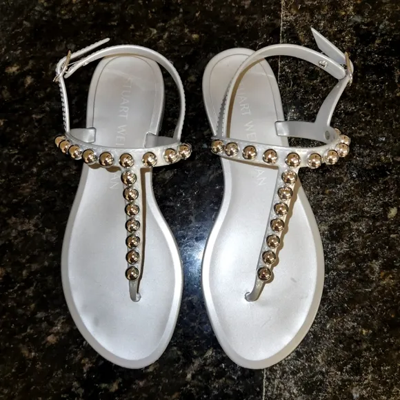 STUART WEITZMAN Goldie Metallic Bead T-Strap Jelly Sandals Size 6